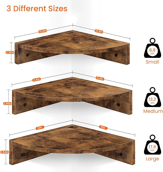 Homode Corner Shelf Wall Mount, 3 Tier Wood Wall Display Shelf, Storage - Image 3