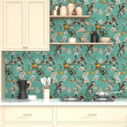 Teal White Bird Floral Wallpaper Peel and Stick, Fresh Orange Tree Contact Paper - Image 2