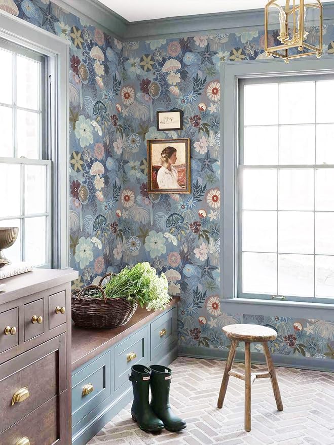 Ismoon Floral Peel and Stick Wallpaper Vintage Blue Contact Paper Jellyfish - Image 3