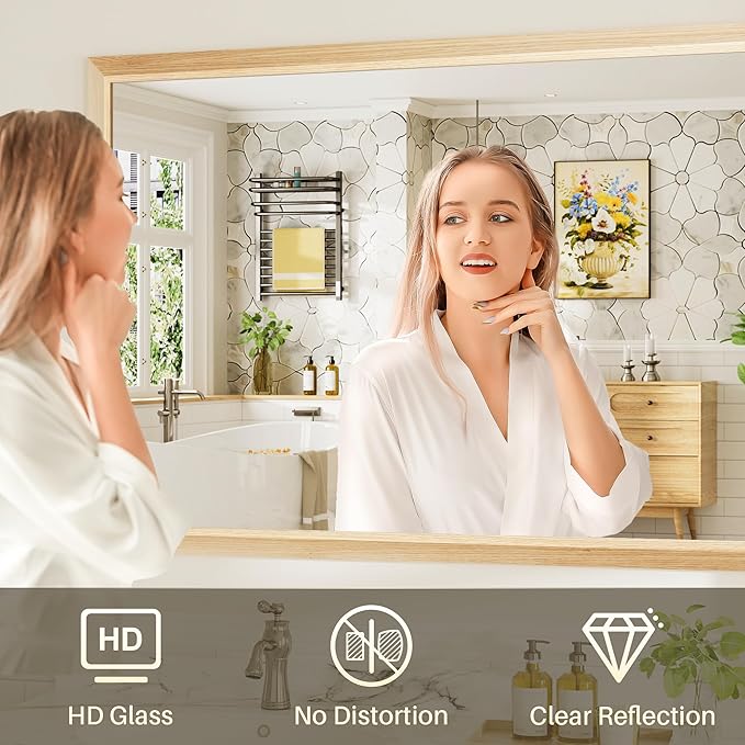 48x32 Inch Bathroom Mirror for Wall, Anti-Rust Oak Wood Grain Metal Framed - Image 6