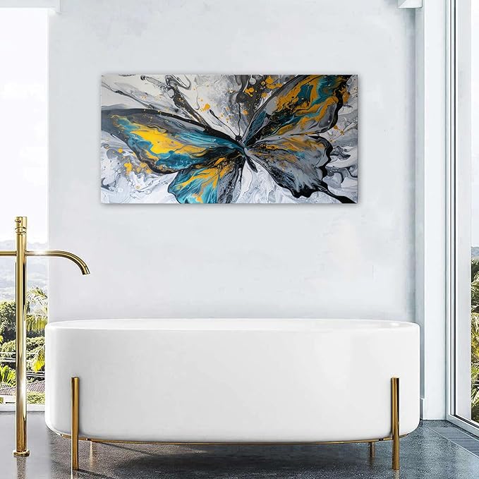 Abstract Butterfly Wall Art Teal Grey Yellow Butterfly Wall Decor Modern Marble - Image 5