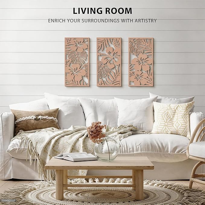 VIYYIEA Boho Solid Wood Carved Wall Art Set of 3, Geometric Minimalist Wooden - Image 7
