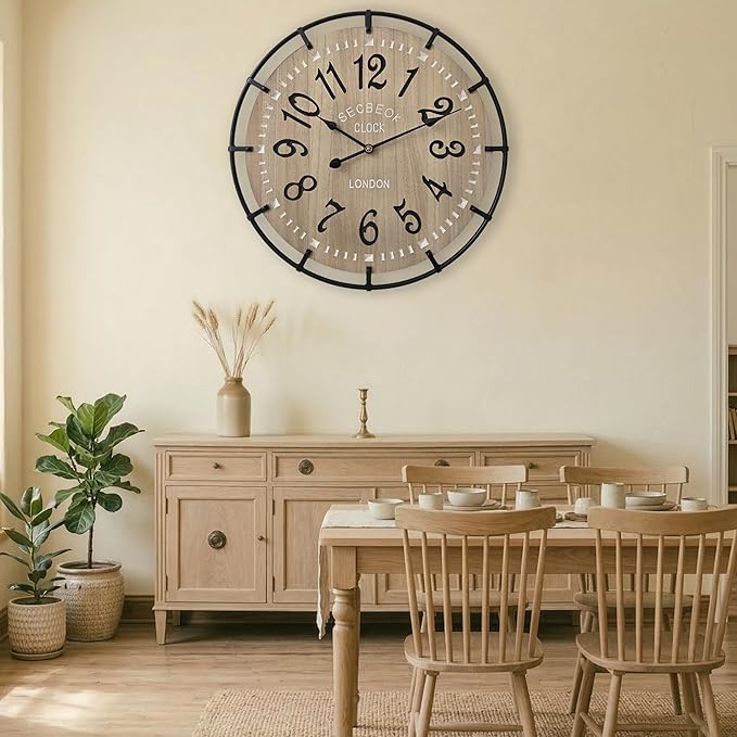 30 Inch Oversized Farmhouse Wall Clock, Metal Rustic Wood - Image 4