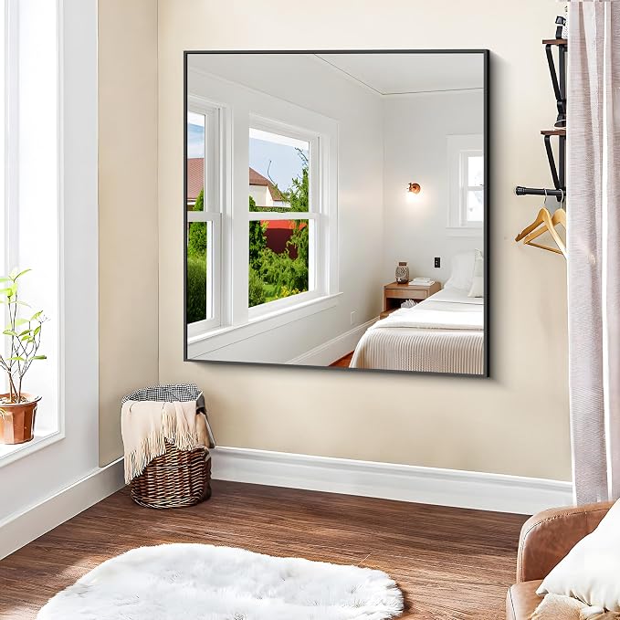 KOCUUY Black Square Mirror, Large Black Wall Mounted Mirror, Metal Framed Mirror - Image 6