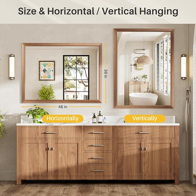 48x36 Inch Bathroom Mirror for Wall, Anti-Rust Walnut Wood Grain Metal Framed - Image 7
