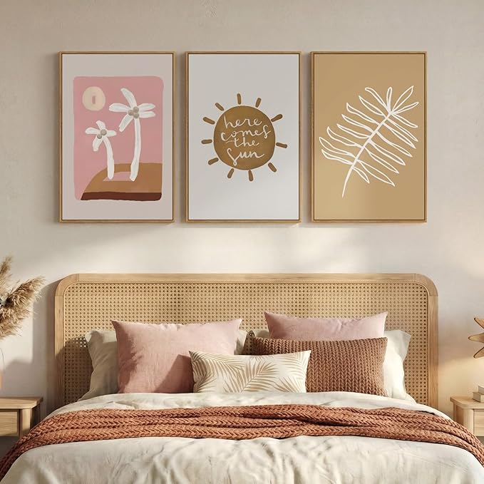 Framed Neutral Boho Abstract Wall Art Bedroom, 3 Piece Minimalist Tropical Sun by Cuspin