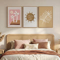 Framed Neutral Boho Abstract Wall Art Bedroom, 3 Piece Minimalist Tropical Sun by Cuspin