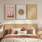 Framed Neutral Boho Abstract Wall Art Bedroom, 3 Piece Minimalist Tropical Sun by Cuspin