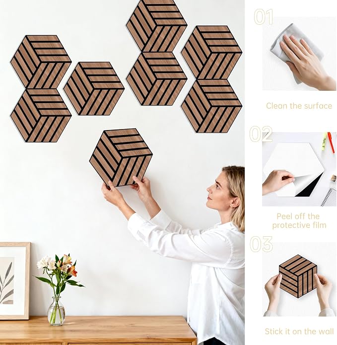 Mollywell Acoustic Panels, PVC Wood-Grain, 14x12 Inch Hexagon Carved Sound - Image 6
