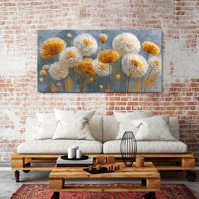 Abstract White Flower Wall Art Golden Floral Pictures Wall Decor Neutral - Image 2
