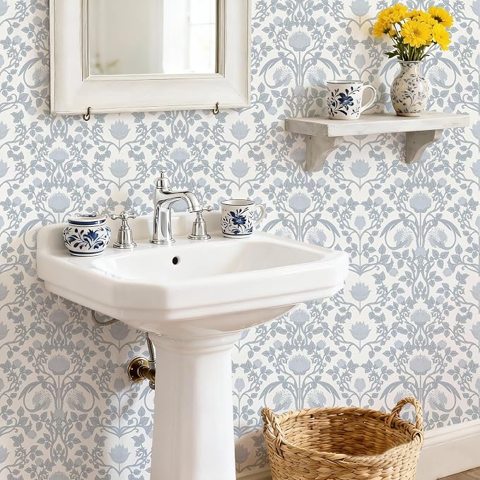 YXTII 17.3" × 393.7" Blue Floral Peel and Stick Wallpaper, Damask Vintage - Image 6