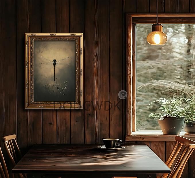 Vintage Gold Framed Wall Art Retro Dark Dragonfly Painting Canvas Prints Gothic - Image 6