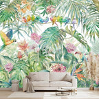 Tropical Green Botanical Flower Birds Leaf Wallpaper Bedroom Plant Floral Mural by WXHFM
