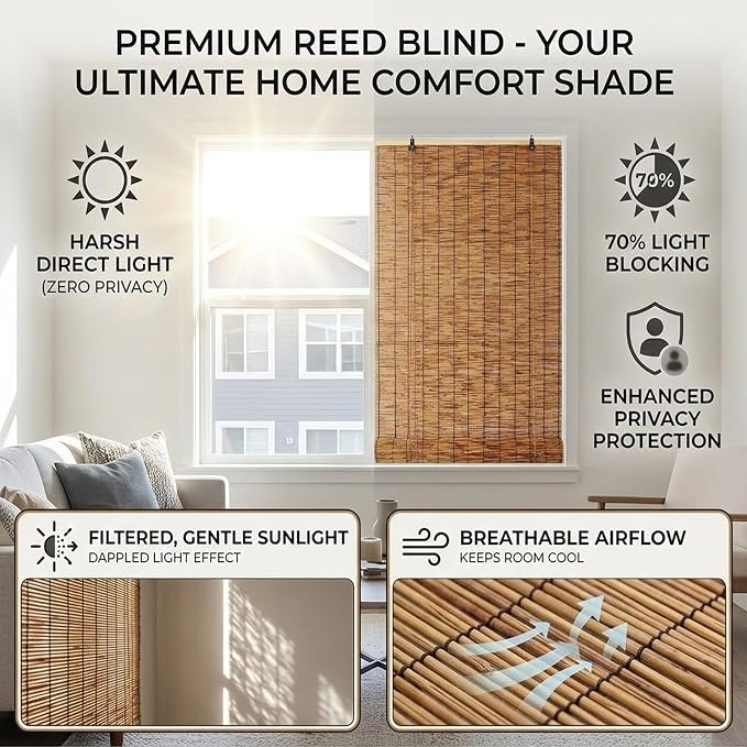 Bamboo Blinds Outdoor Patio, Natural Retro Reed Roll Up Shades - Image 3