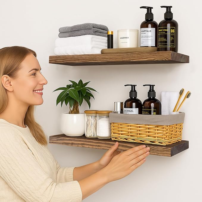 BGMG Wood Floating Shelves for Wall 24 inch Set of 2, Rustic Wooden Wall Mount - Image 7