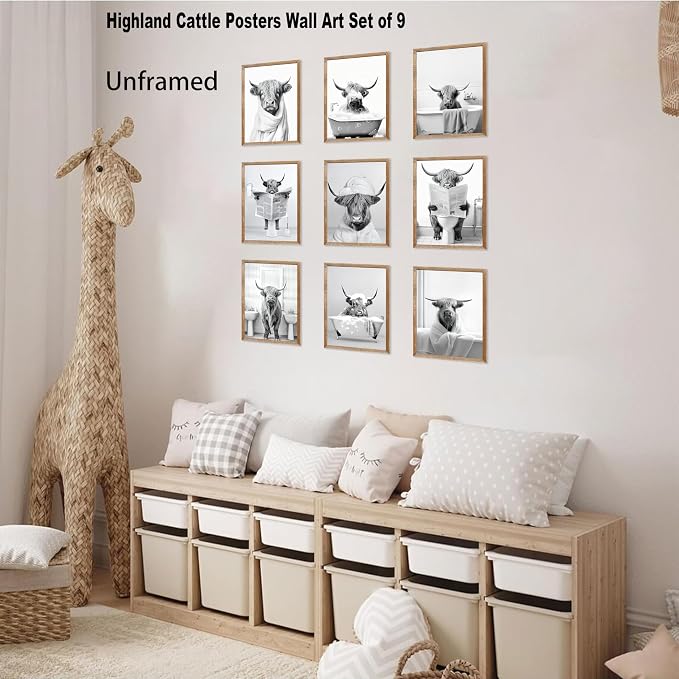 SEHSUVC Funny Bathroom Cow Posters Wall Art Set of 9, Vintage Black and White - Image 8