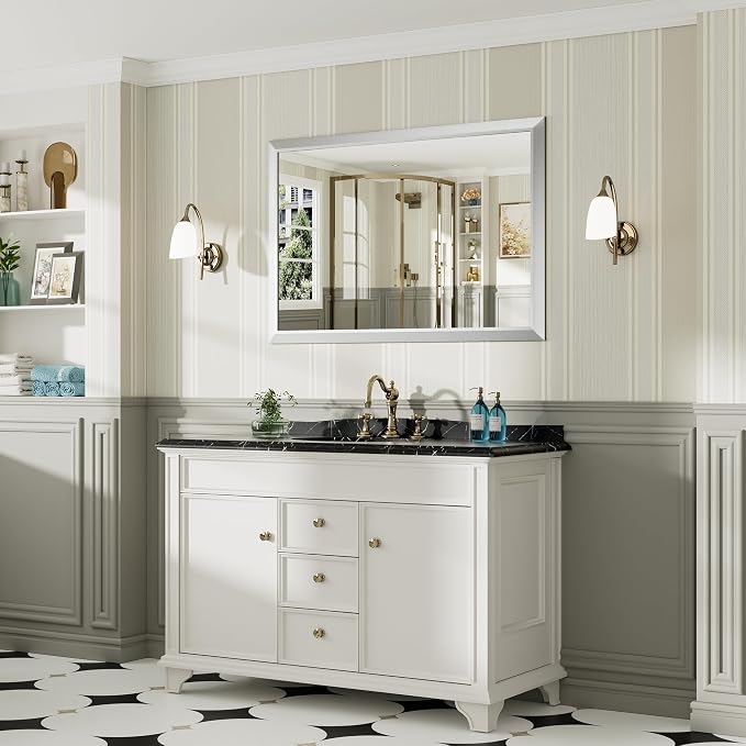 48x32 Inch Brushed Silver Bathroom Mirror - Image 4