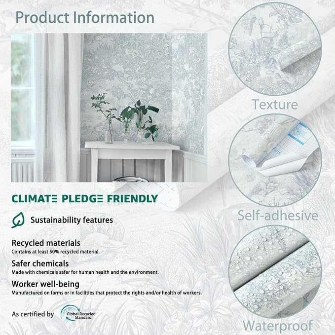 Heroad Peel and Stick Wallpaper Blue and White Vintage Forest Animals Floral - Image 2
