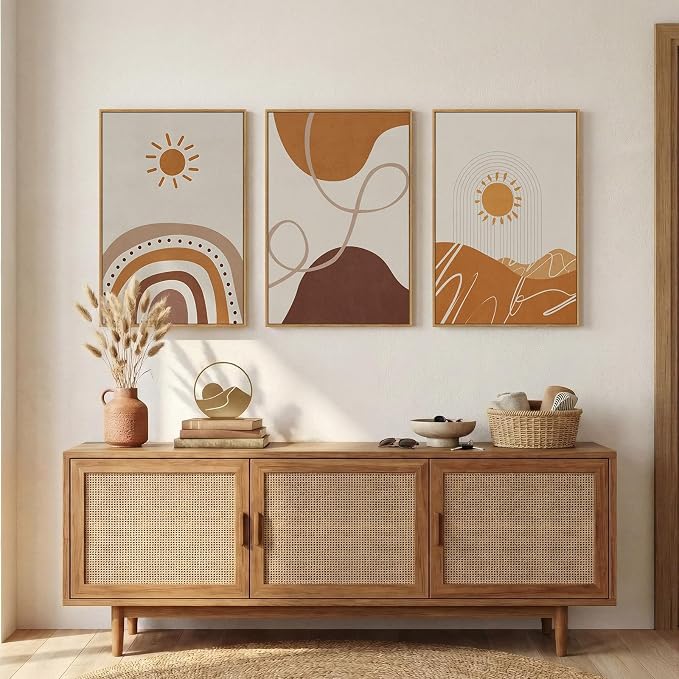 Framed Neutral Abstract Boho Wall Art Bedroom, 3 Piece Terracotta Beige - Image 4