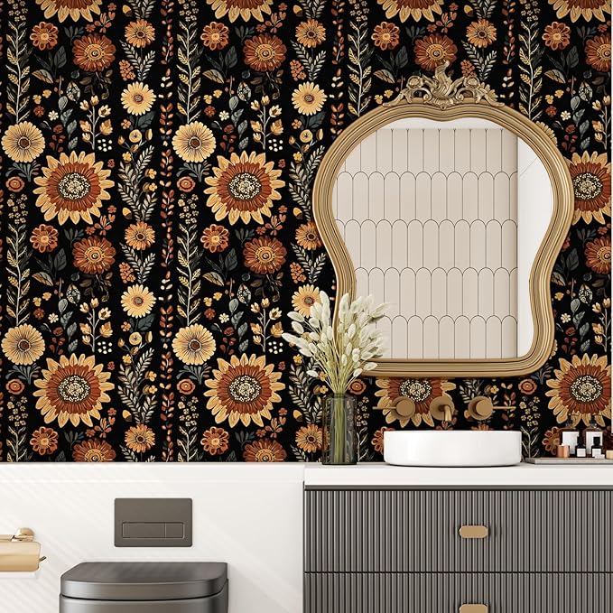 Boho Dark Floral Peel and Stick Wallpaper, Vintage Black Brown Flower Pattern - Image 3