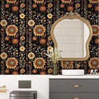 Boho Dark Floral Peel and Stick Wallpaper, Vintage Black Brown Flower Pattern - Image 3
