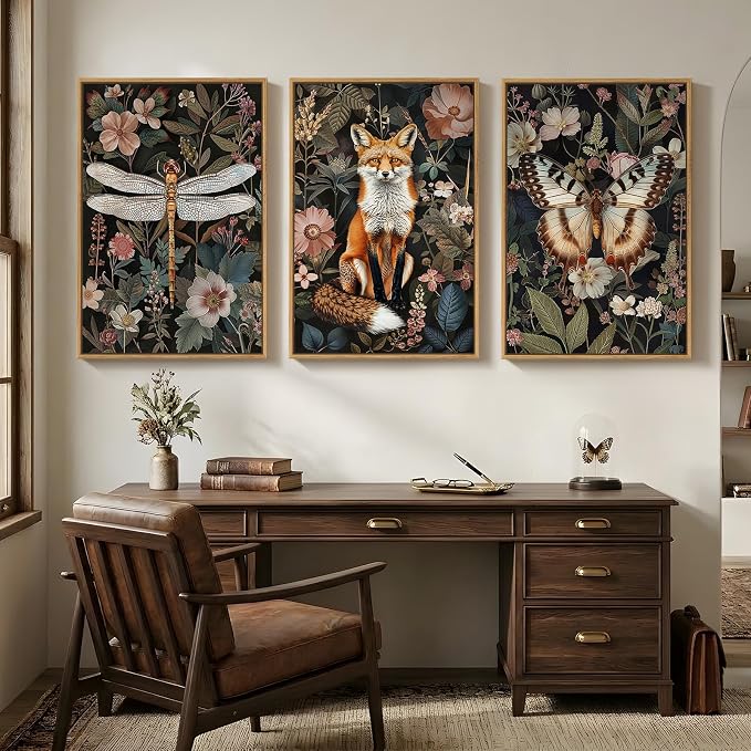 Framed Vintage Botanical Animal Wall Art Set of 3, Dark Floral Butterfly - Image 6