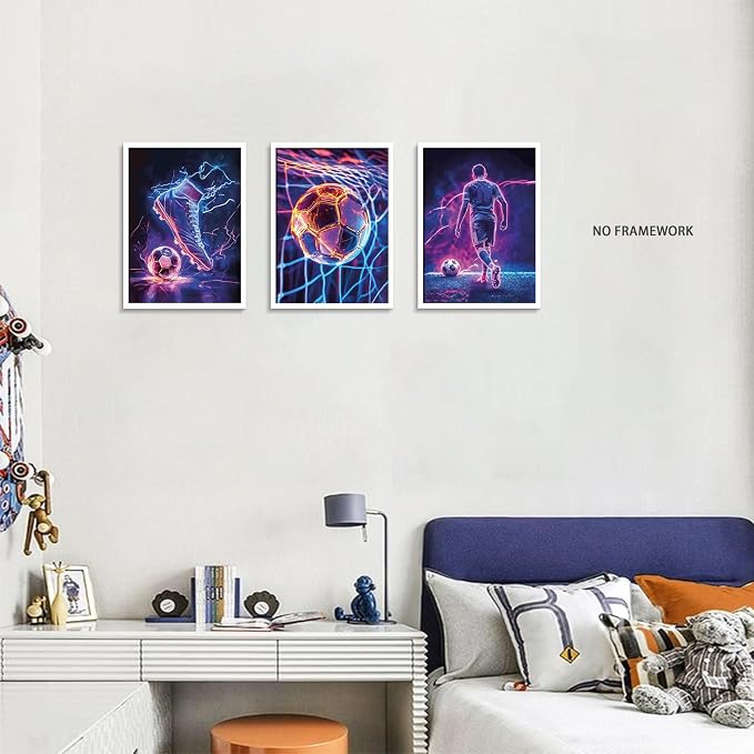 BGFCE Cool Soccer Gaming Wall Art Posters Set of 3, Neon Video Gamer Canvas - Image 7