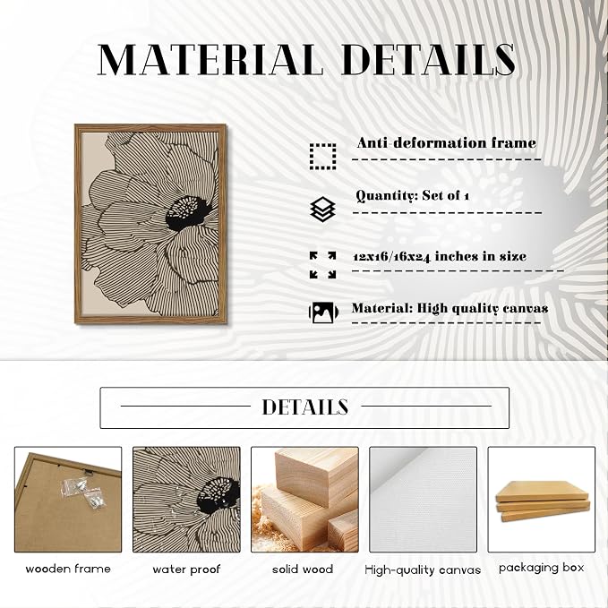 Framed Abstract Floral Wall Art, Neutral Lines Flower Canvas Wall Decor Painting - Image 4