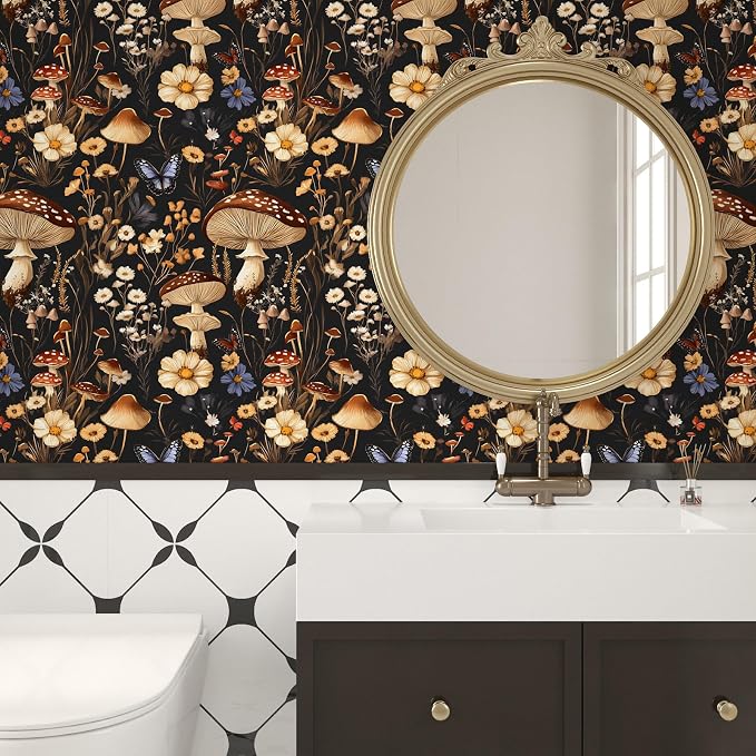 BOKEBEVE Peel and Stick Wallpaper Mushroom Wallpaper Vintage Floral Contact - Image 3
