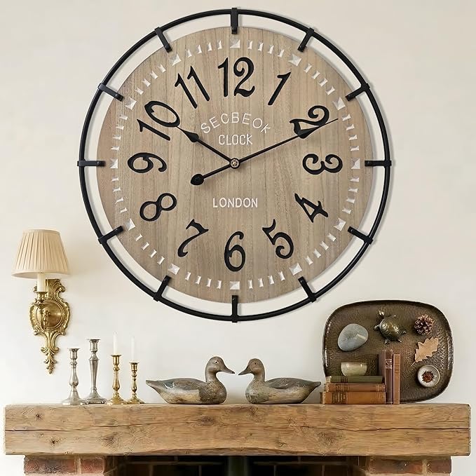 24 Inch Large Farmhouse Wall Clock, Metal Rustic Wood by Unknown