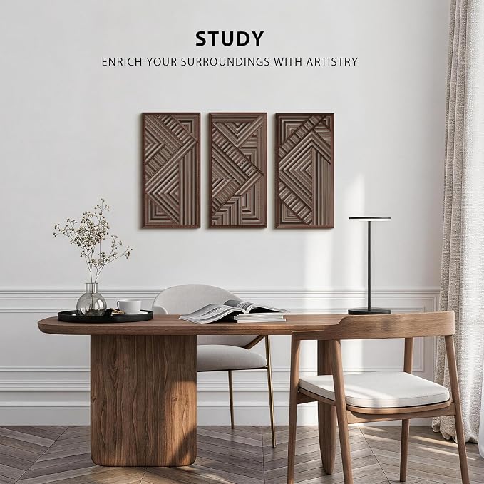 VIYYIEA Boho Solid Wood Carved Wall Art Set of 3, Geometric Minimalist Wooden - Image 4
