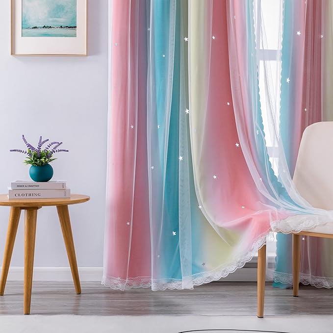 XiDi Curtains for Bedroom Decor, Rainbow Pink-Blue-52-45 - Image 3