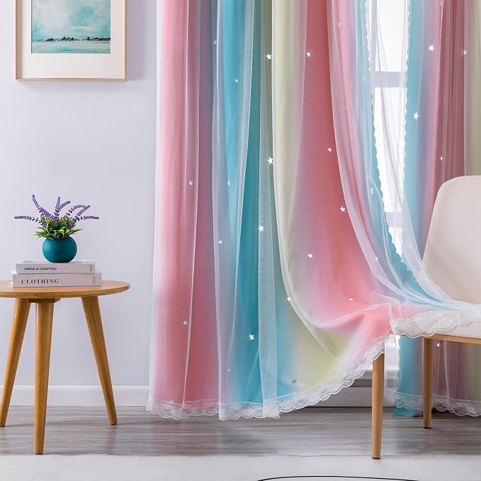 XiDi Curtains for Bedroom Decor, Rainbow Pink-Blue-34-54 - Image 3