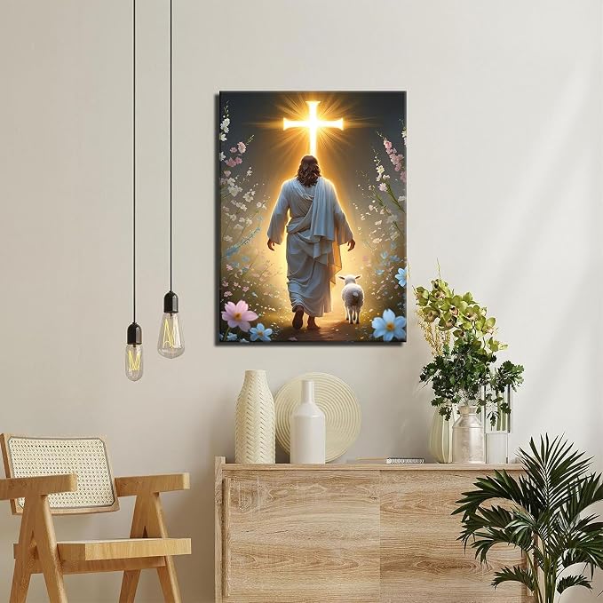 Jesus and Lamb Canvas Wall Art Christian Cross Jesus Walking Toward Light Wall - Image 6