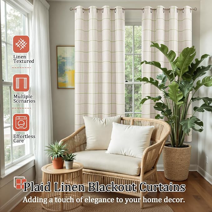 Lajode Sage Green Plaid Linen Blackout Curtains - Image 2