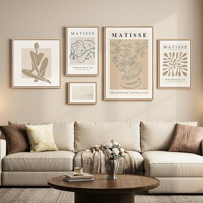 Large Framed Matisse Wall Art Set of 5, Neutral Beige Abstract Geometric by Cuspin