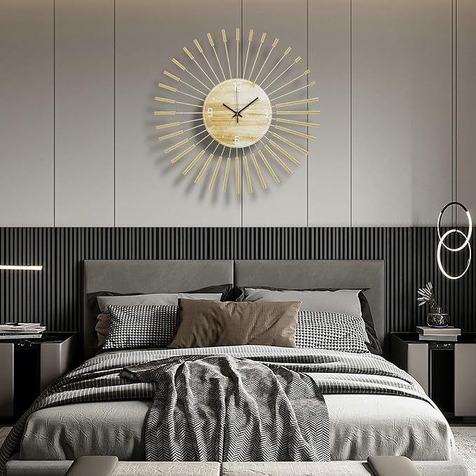 23.6 inch Gold Starburst Wall Clock, Metal & Wood Mid Century Modern Decorative - Image 4