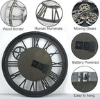 HOIBAI Vintage Industrial Wall Clock, 24 Inch, Rustic Natural Wood, Moving Gears - Image 6