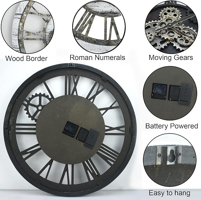 HOIBAI Vintage Industrial Wall Clock, 24 Inch, Rustic Natural Wood, Moving Gears - Image 6