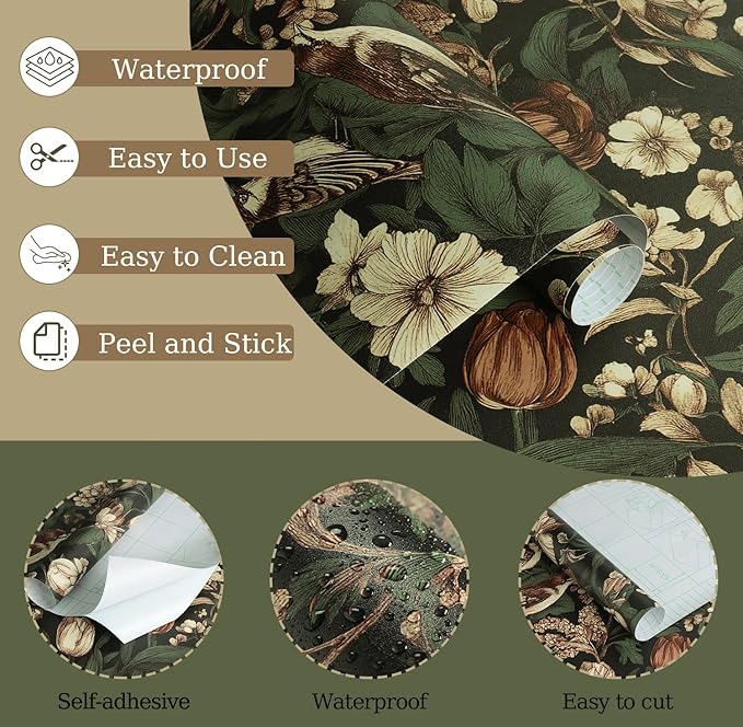 Erfoni 17.3" x118" Vintage Floral Peel and Stick Wallpaper Dark Floral and Bird - Image 4