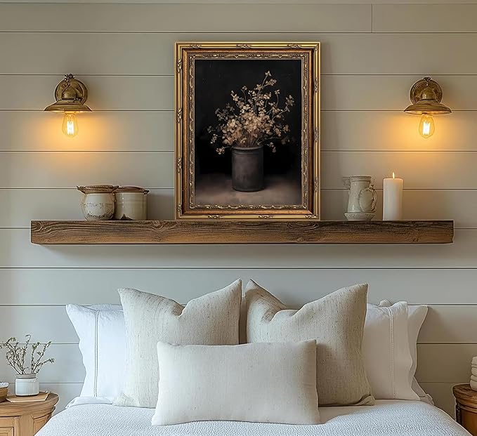 Vintage Gold Framed Wall Art Fall Dried Flowers Antique Vase Country Oil - Image 6