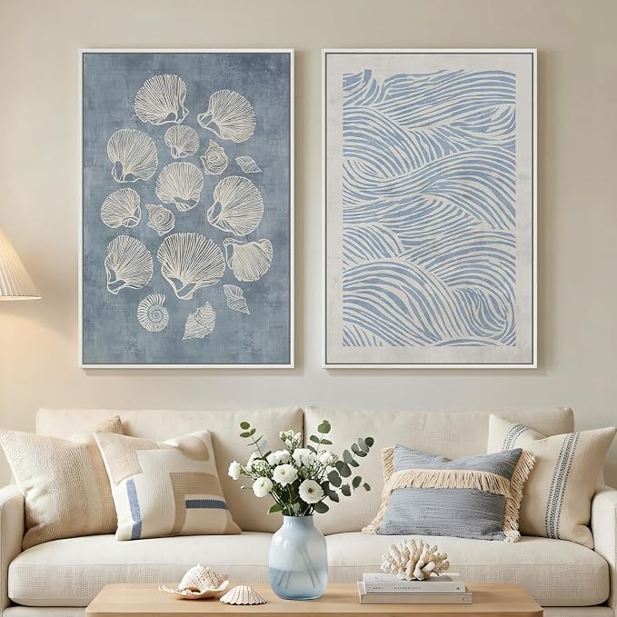 Framed Abstract Coastal Blue White Wall Art by MXART