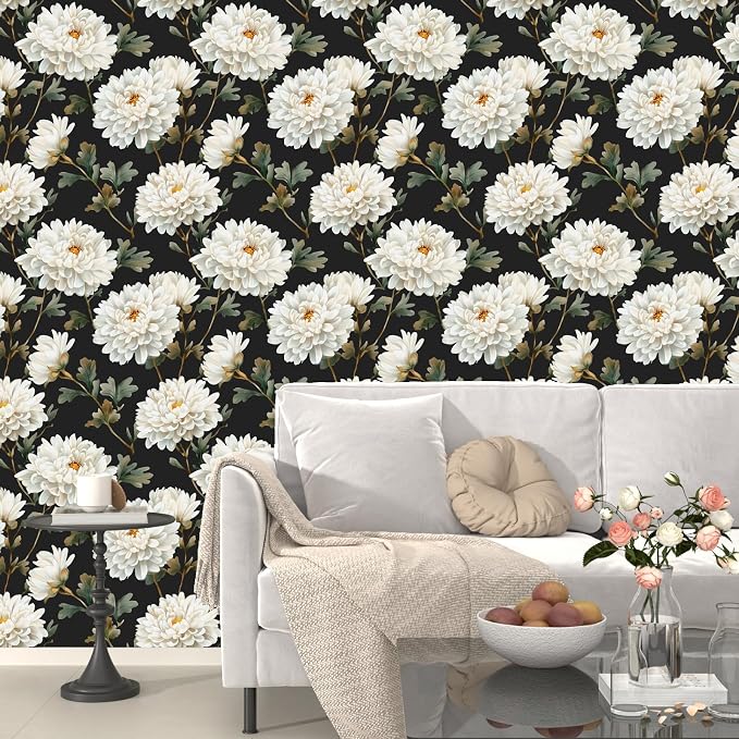 Laatse Black White Floral Peel and Stick Wallpaper Chrysanthemum Contact Paper - Image 4