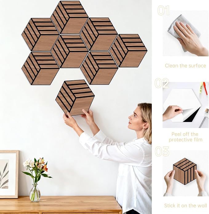 Mollywell Acoustic Panels, PVC Wood-Grain, 14x12 Inch Hexagon Carved Sound - Image 6