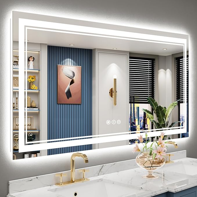 60x28 LED Bathroom Mirror with Lights, Backlit and Front Lit Anti-Fog Lighted by Awandee