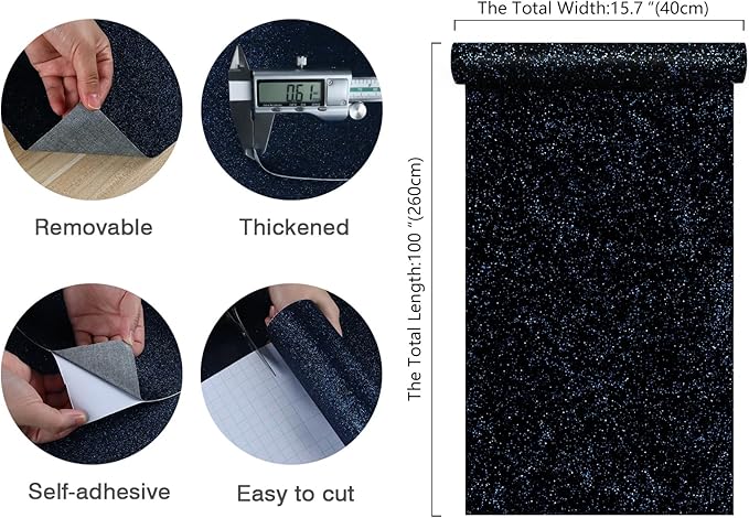 CHIHUT Black Blue Glitter Wallpaper Peel and Stick 15.7''x100'' Sparkle Glitter - Image 2