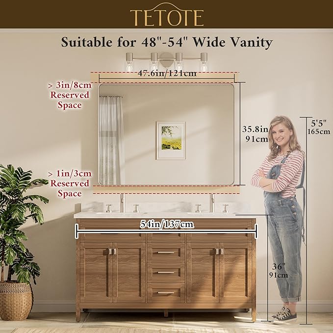 TETOTE 48 x 36 Inch Gold Bathroom Mirror, Champagne Gold Brushed Metal Framed - Image 8