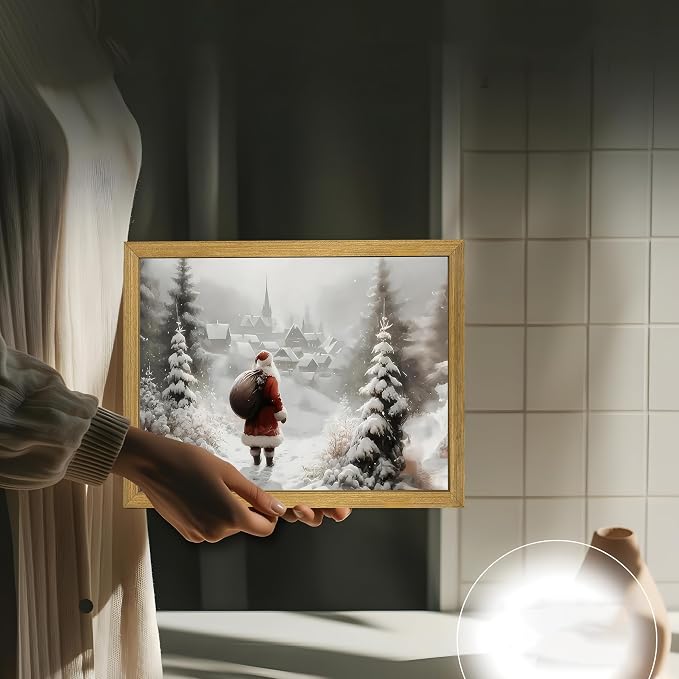Vintage Christmas Canvas Wall Art, Wood Framed Santa Claus Wall Decor Painting - Image 2