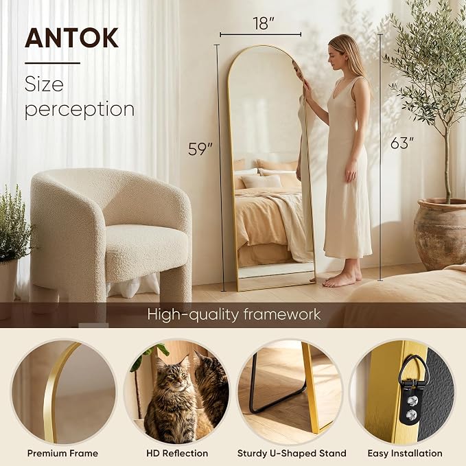 Antok 56" x15” Arched Full Length Floor Mirror, Free Standing/Wall Mount/Leaning - Image 4