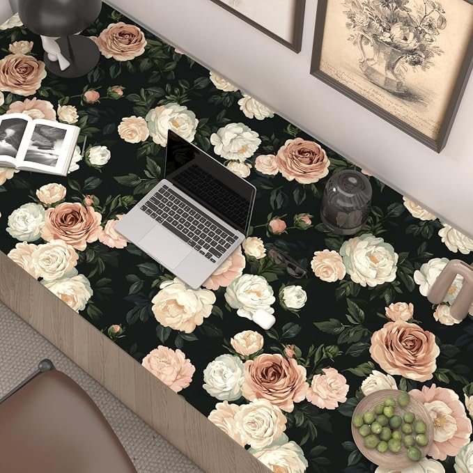 Pink White Rose Peony Wallpaper Peel and Stick Black Floral 17.5in x 118in - Image 7